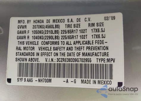 2009 Honda Cr-V Lx z USA, uszkodzony, nr VIN 3CZRE38339G702955